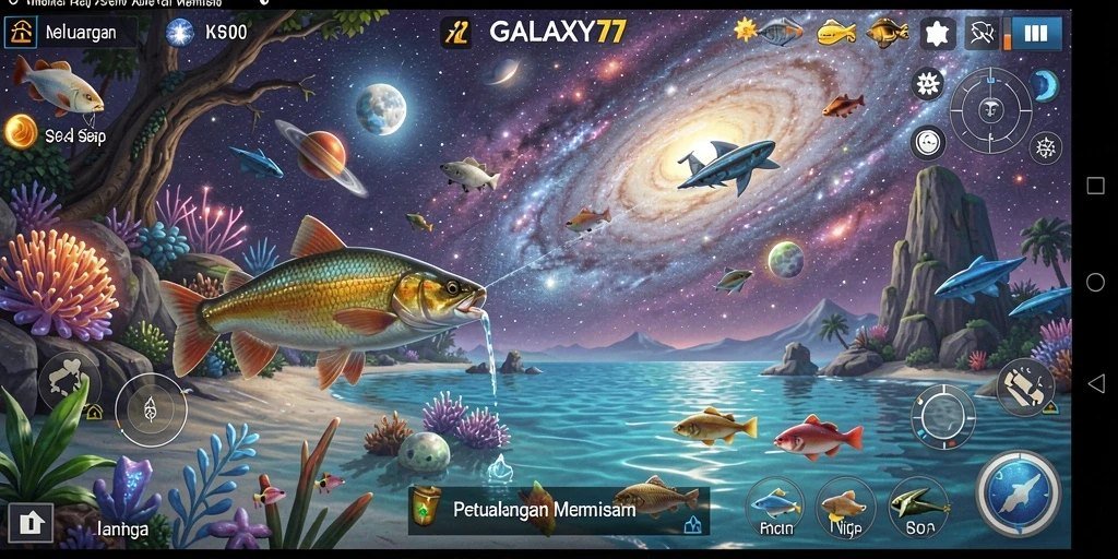 Screenshot GALAXY77 menampilkan gameplay memancing yang mendebarkan.
