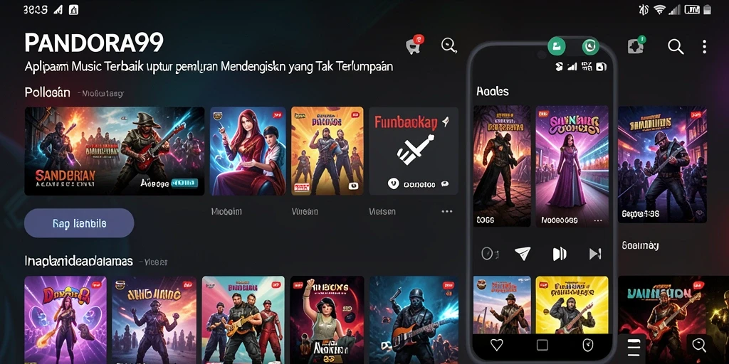 Tampilan gameplay PANDORA99 menampilkan lagu-lagu terbaru dan fitur interaktif.