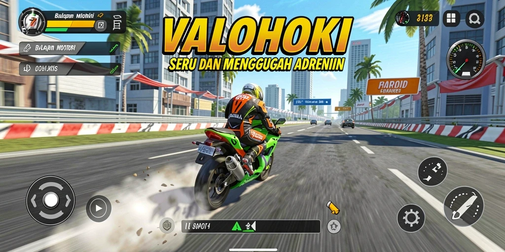 Screenshot VALOHOKI menampilkan aksi balapan motor yang mendebarkan.